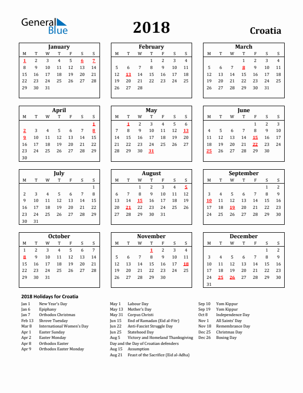 2018 Croatia Holiday Calendar - Monday Start