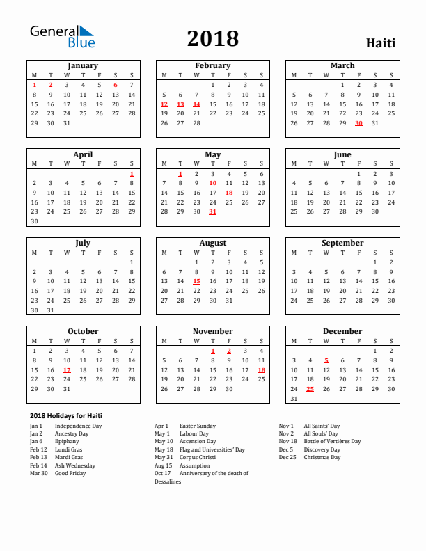 2018 Haiti Holiday Calendar - Monday Start