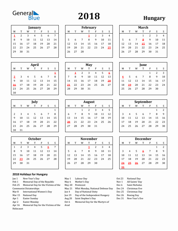 2018 Hungary Holiday Calendar - Monday Start