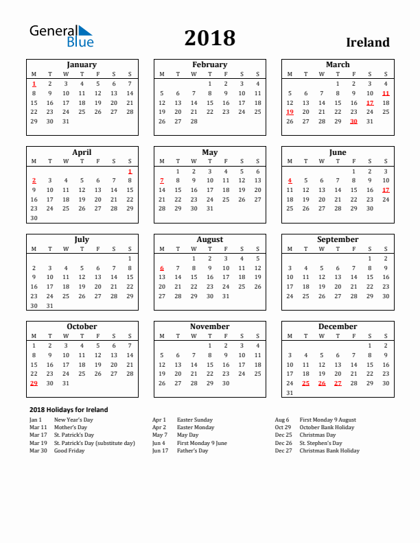 2018 Ireland Holiday Calendar - Monday Start
