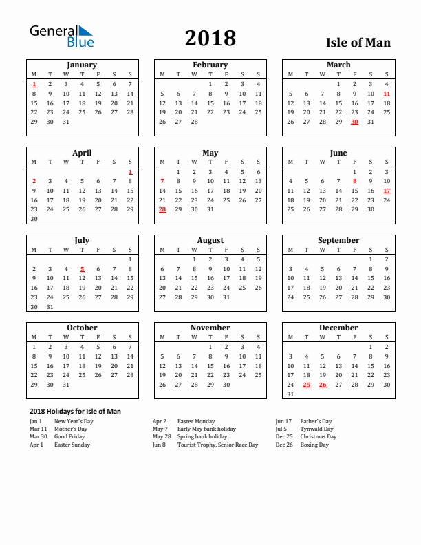 2018 Isle of Man Holiday Calendar - Monday Start