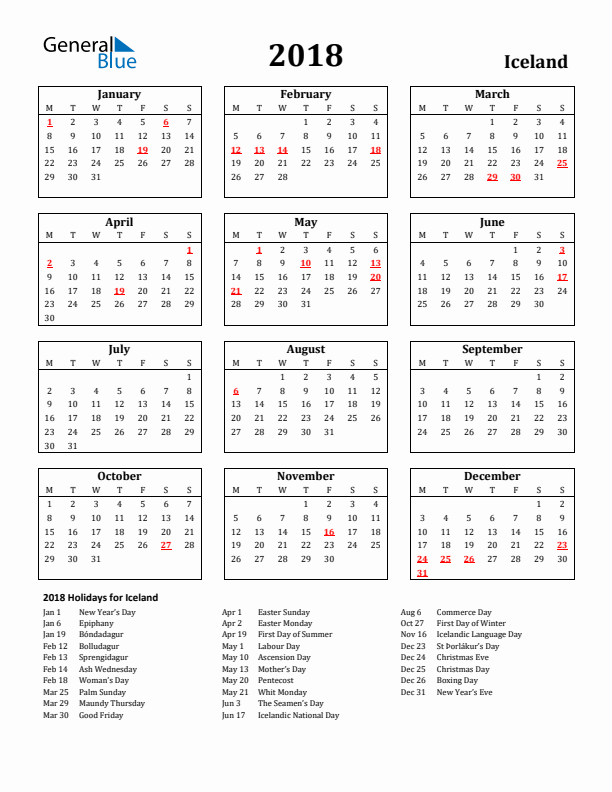 2018 Iceland Holiday Calendar - Monday Start