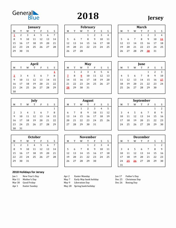 2018 Jersey Holiday Calendar - Monday Start