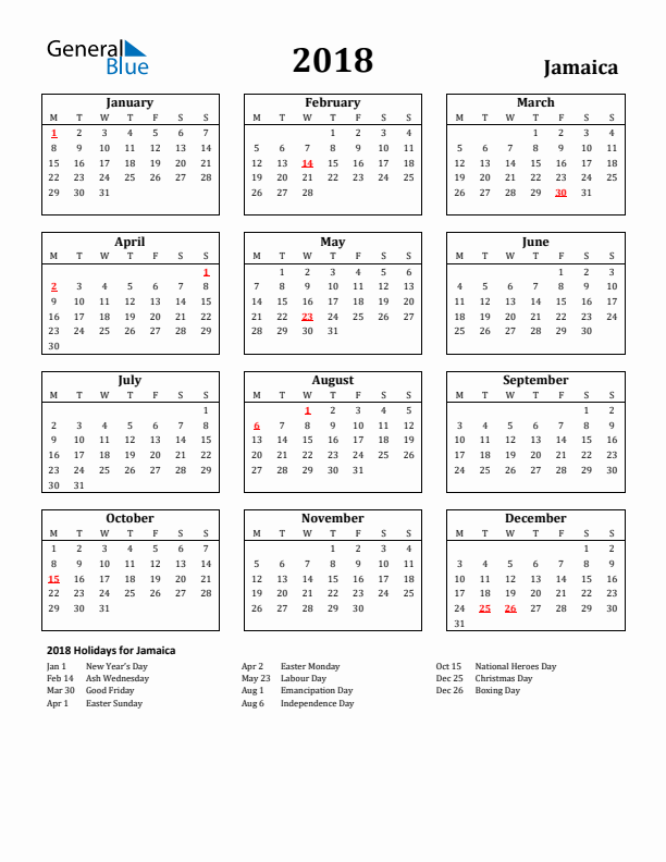 2018 Jamaica Holiday Calendar - Monday Start