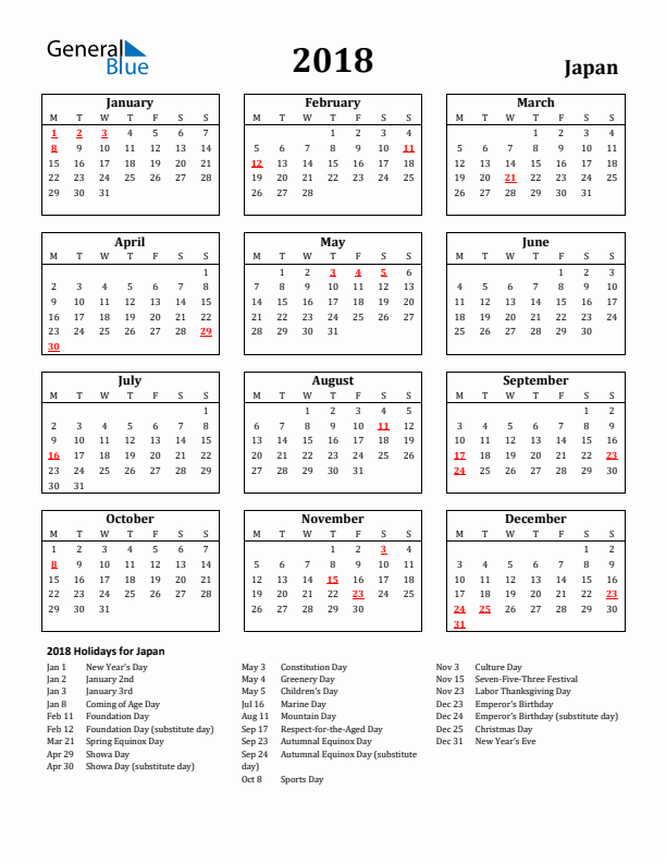 2018 Japan Holiday Calendar - Monday Start