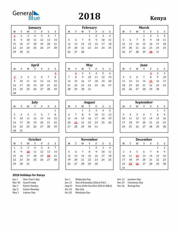2018 Kenya Holiday Calendar - Monday Start