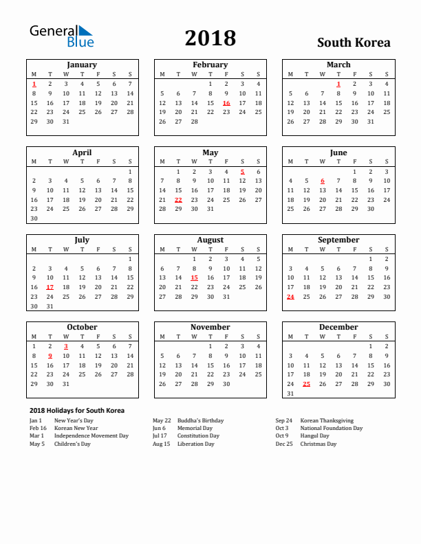 2018 South Korea Holiday Calendar - Monday Start