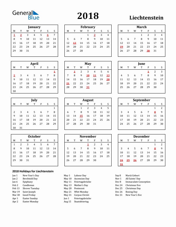 2018 Liechtenstein Holiday Calendar - Monday Start