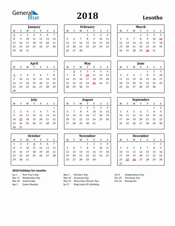 2018 Lesotho Holiday Calendar - Monday Start