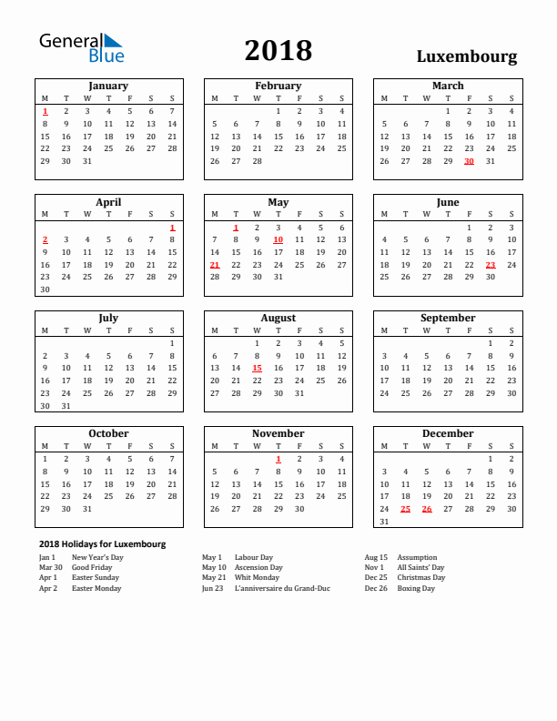 2018 Luxembourg Holiday Calendar - Monday Start