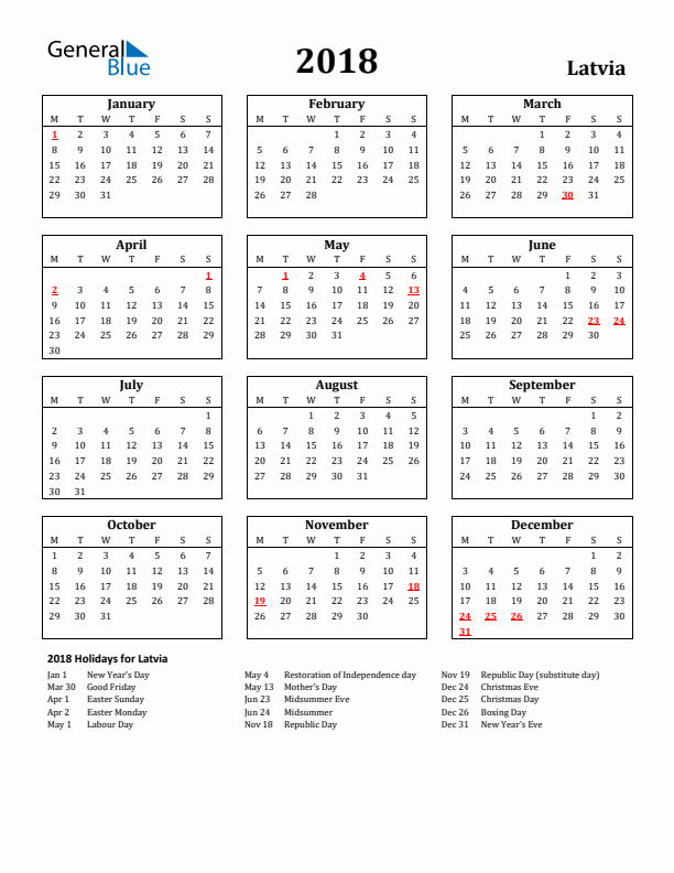 2018 Latvia Holiday Calendar - Monday Start