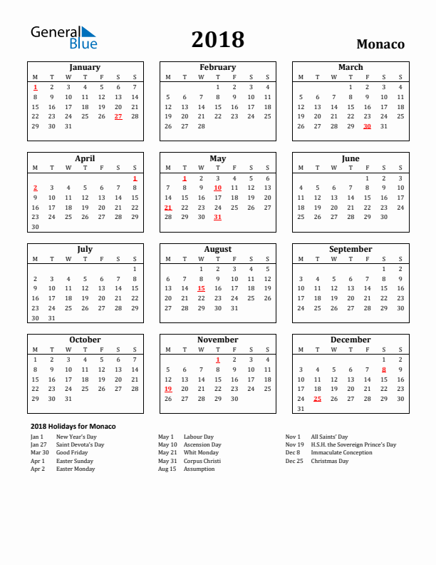 2018 Monaco Holiday Calendar - Monday Start