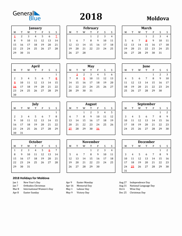 2018 Moldova Holiday Calendar - Monday Start