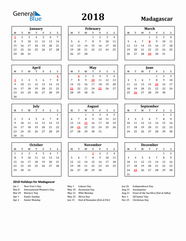 2018 Madagascar Holiday Calendar - Monday Start