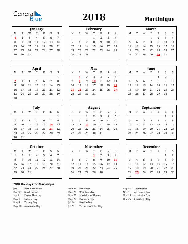 2018 Martinique Holiday Calendar - Monday Start