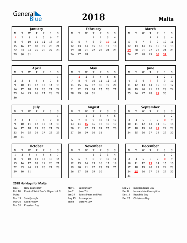 2018 Malta Holiday Calendar - Monday Start