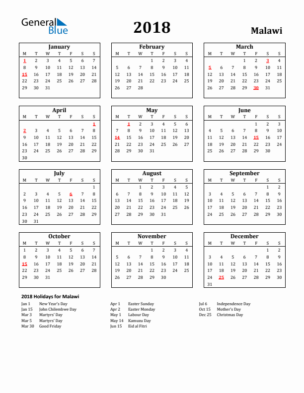 2018 Malawi Holiday Calendar - Monday Start