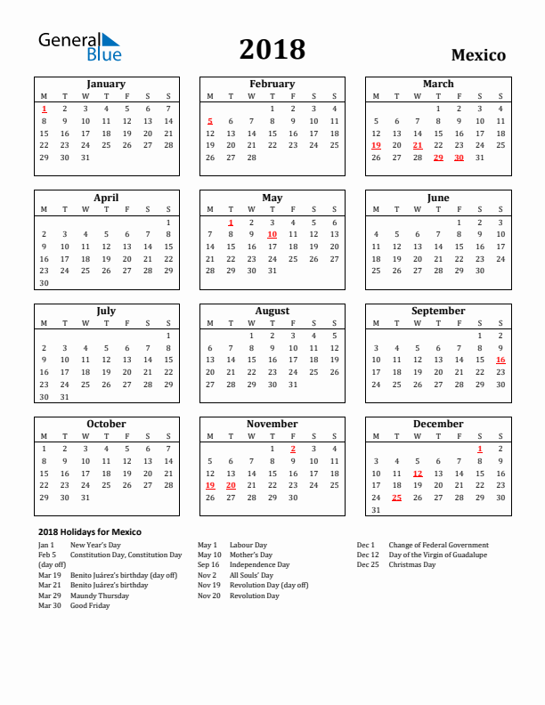 2018 Mexico Holiday Calendar - Monday Start