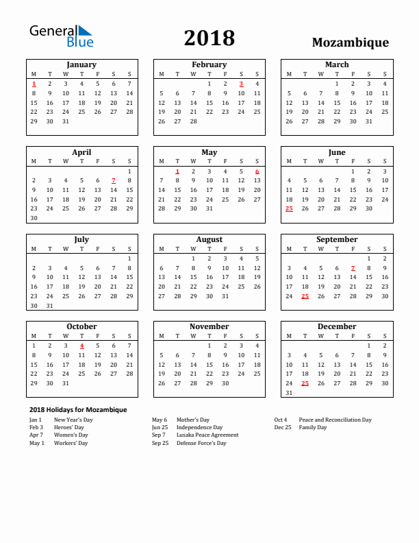 2018 Mozambique Holiday Calendar - Monday Start
