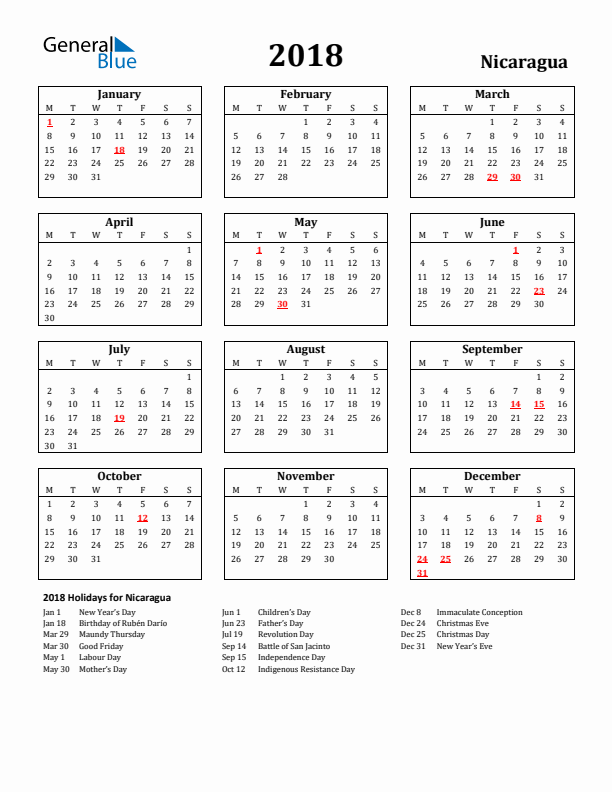 2018 Nicaragua Holiday Calendar - Monday Start