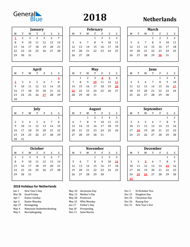 2018 Holiday Calendar for Netherlands Monday Start