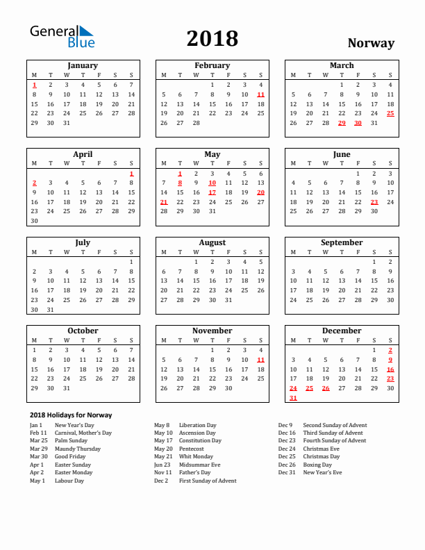 2018 Norway Holiday Calendar - Monday Start