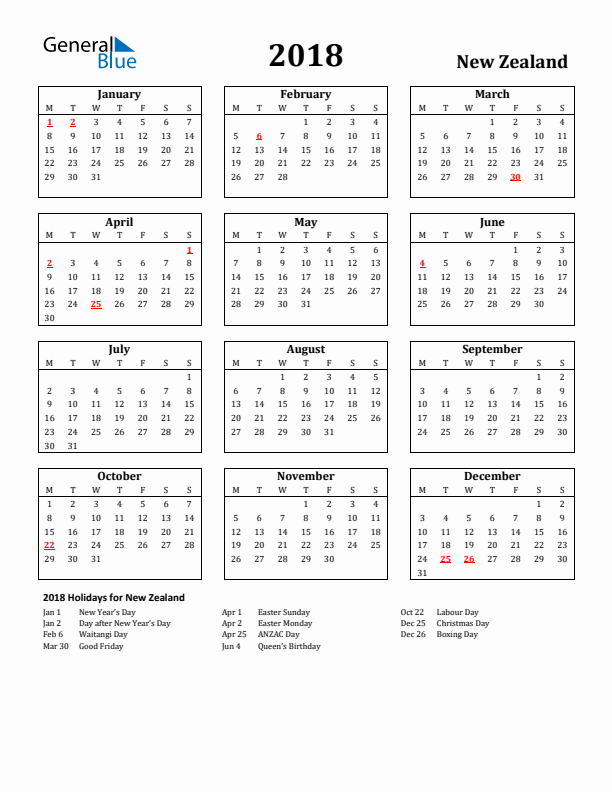 2018 New Zealand Holiday Calendar - Monday Start