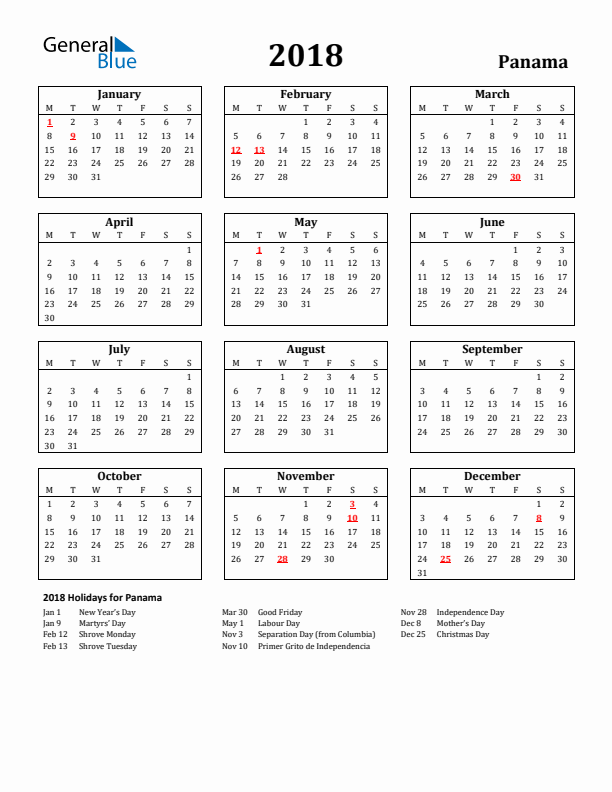 2018 Panama Holiday Calendar - Monday Start
