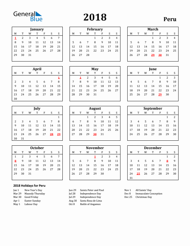 2018 Peru Holiday Calendar - Monday Start