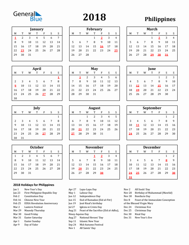 2018 Philippines Holiday Calendar - Monday Start