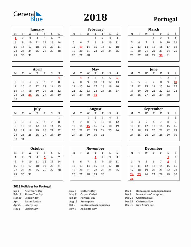 2018 Portugal Holiday Calendar - Monday Start