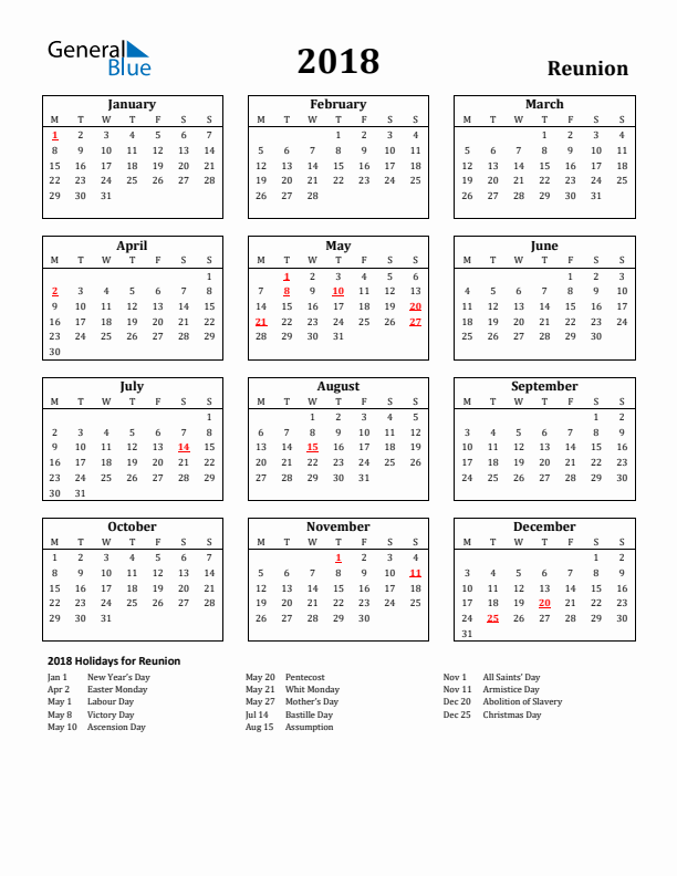 2018 Reunion Holiday Calendar - Monday Start
