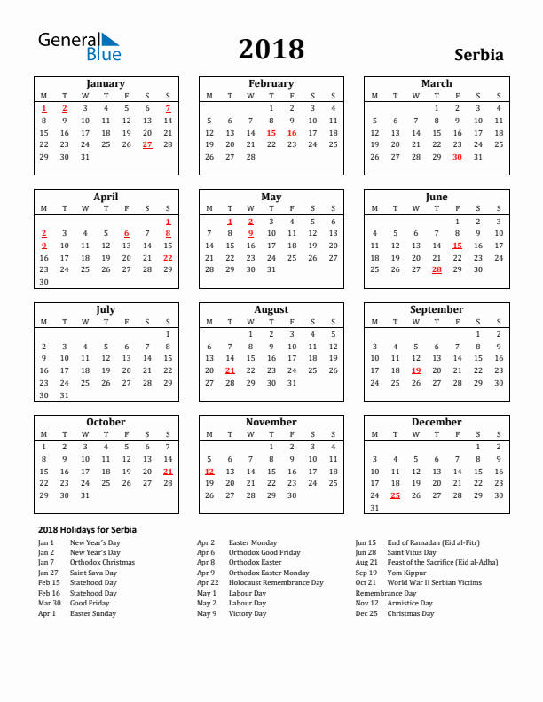2018 Serbia Holiday Calendar - Monday Start