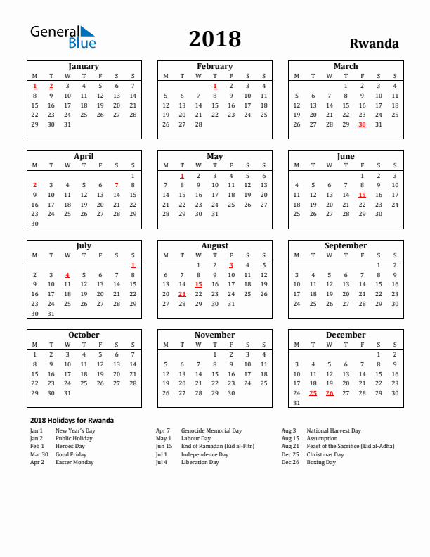 2018 Rwanda Holiday Calendar - Monday Start