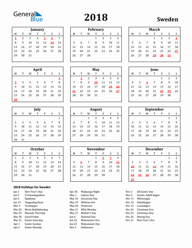 2018 Sweden Holiday Calendar - Monday Start