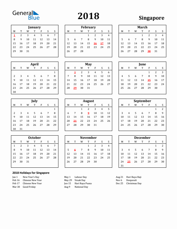2018 Singapore Holiday Calendar - Monday Start
