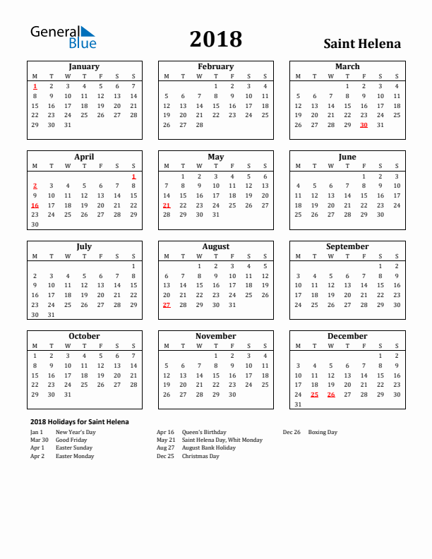 2018 Saint Helena Holiday Calendar - Monday Start