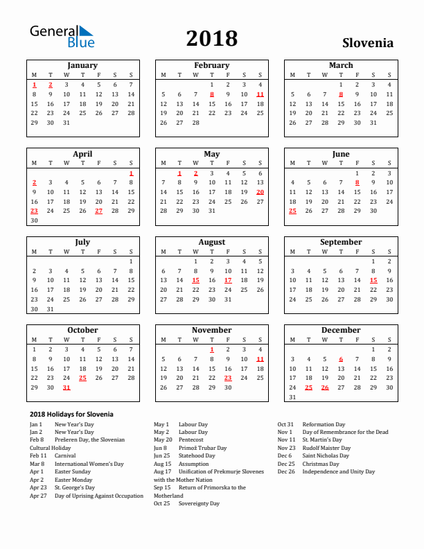 2018 Slovenia Holiday Calendar - Monday Start