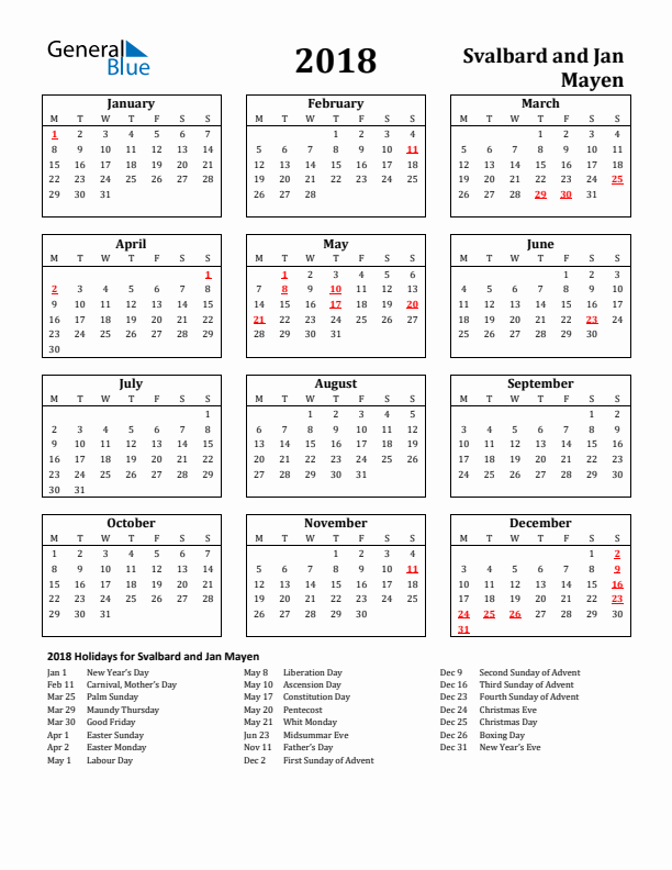 2018 Svalbard and Jan Mayen Holiday Calendar - Monday Start