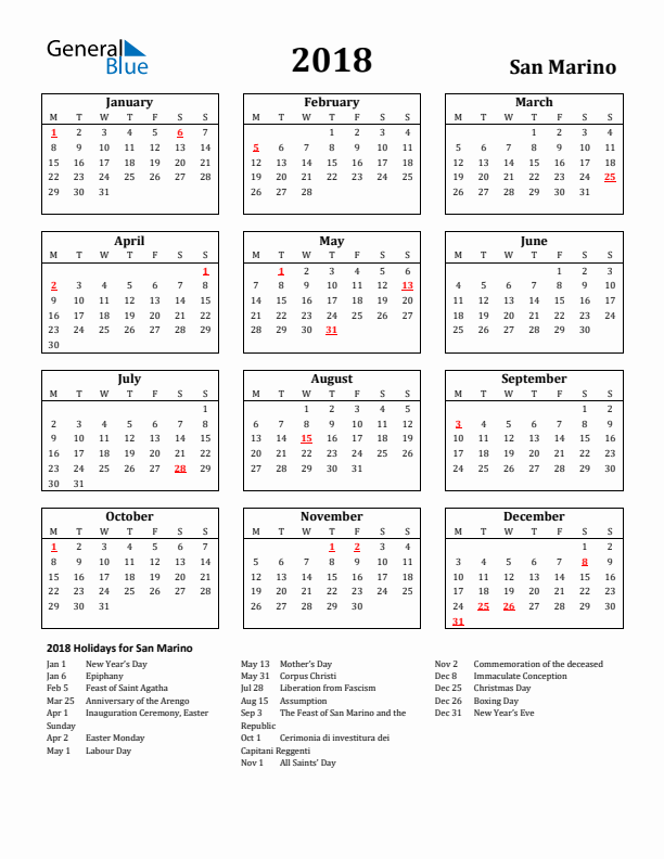 2018 San Marino Holiday Calendar - Monday Start