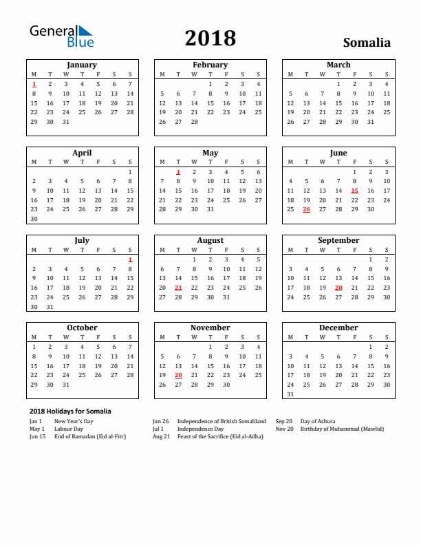 2018 Somalia Holiday Calendar - Monday Start