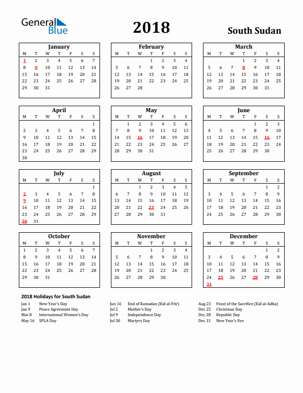 2018 South Sudan Holiday Calendar - Monday Start