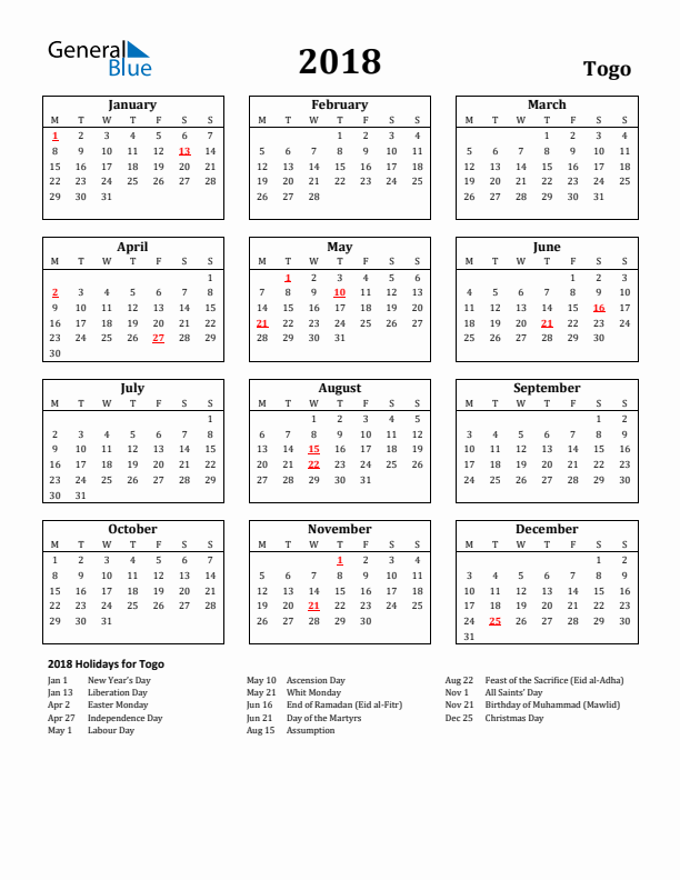 2018 Togo Holiday Calendar - Monday Start