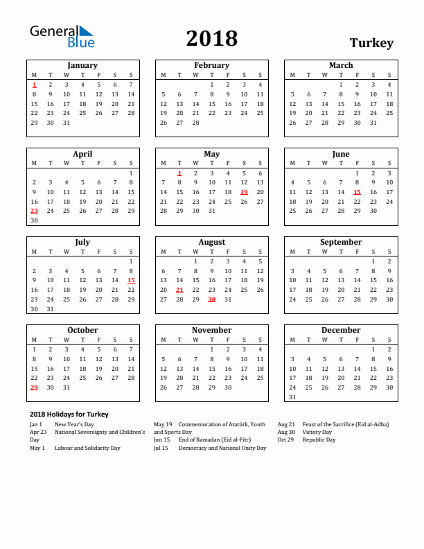 2018 Turkey Holiday Calendar - Monday Start