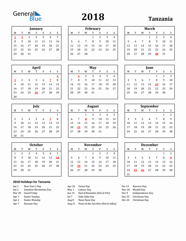 2018 Tanzania Holiday Calendar - Monday Start