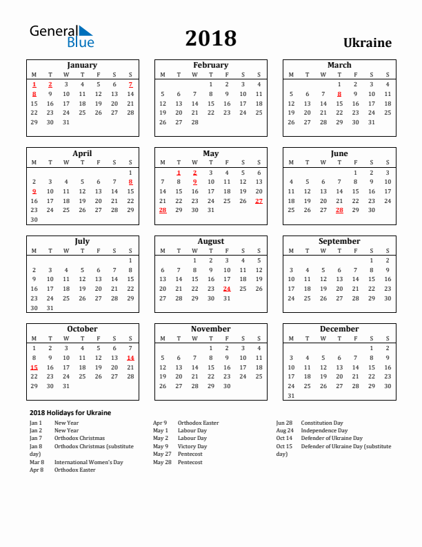 2018 Ukraine Holiday Calendar - Monday Start