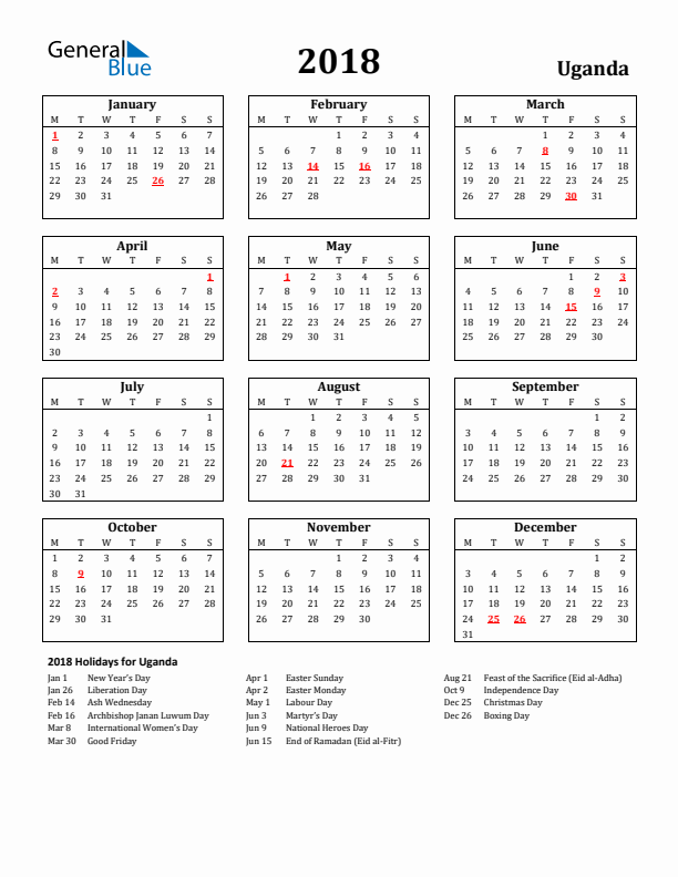 2018 Uganda Holiday Calendar - Monday Start