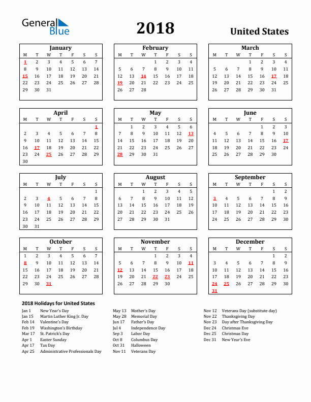 2018 United States Holiday Calendar - Monday Start