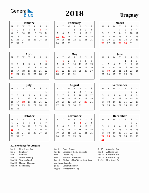 2018 Uruguay Holiday Calendar - Monday Start
