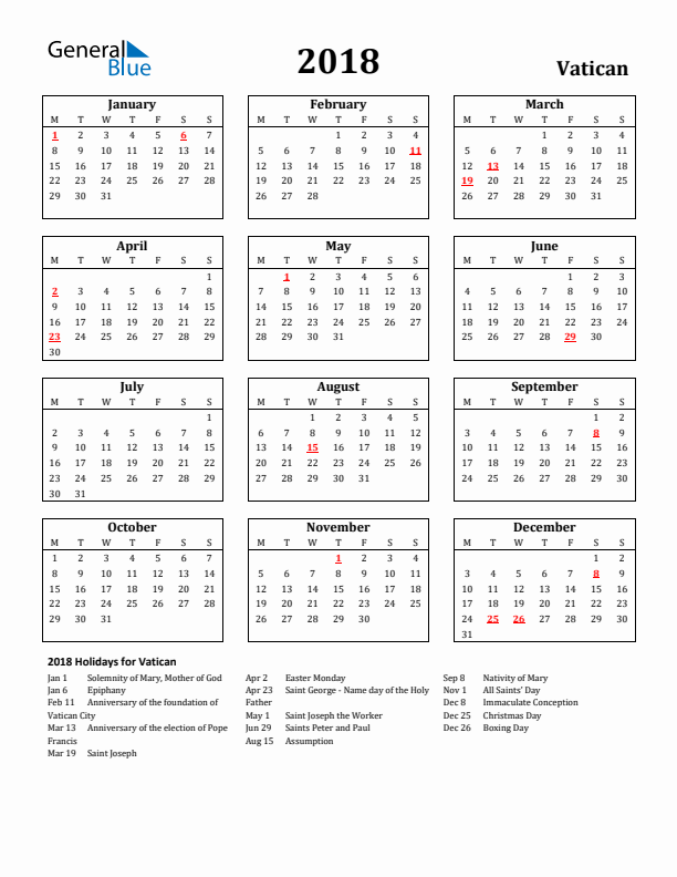 2018 Vatican Holiday Calendar - Monday Start
